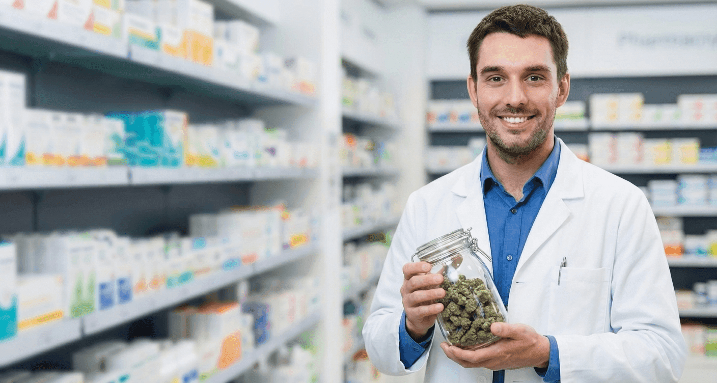 Apotheker zeigt Cannabisblüte in der Apotheke